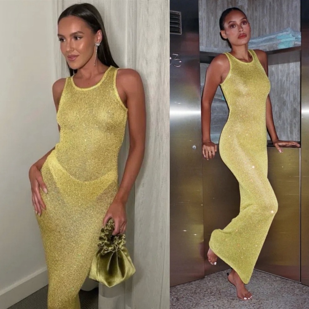 Asta Resort Natalia Sequin Knit Dress Chartreuse Yellow NEW with tags - Picture 13 of 14